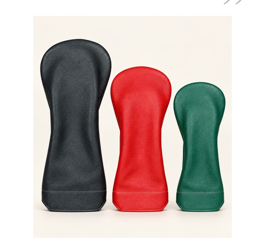Leather golf head covers in black, red and green