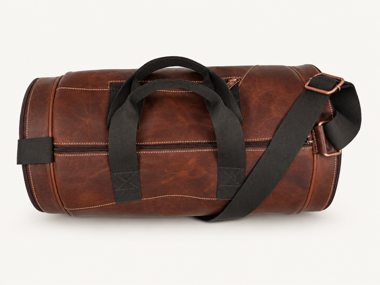 Brown leather barrel duffel. Overview.