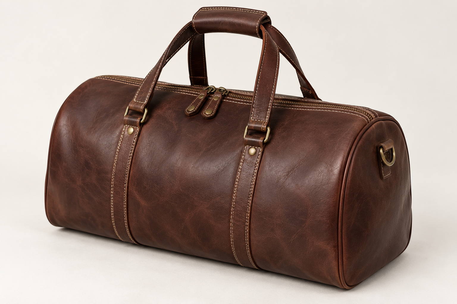 Classic leather duffel. Angled view.